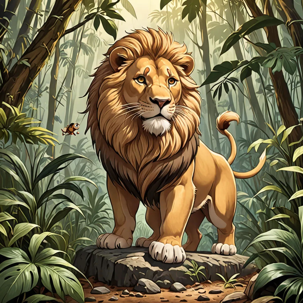 a lion standing on a rock in a jungle with a butterfly flying by it's side and a tree in the background, furry art, a digital rendering, Chris LaBrooy, official art