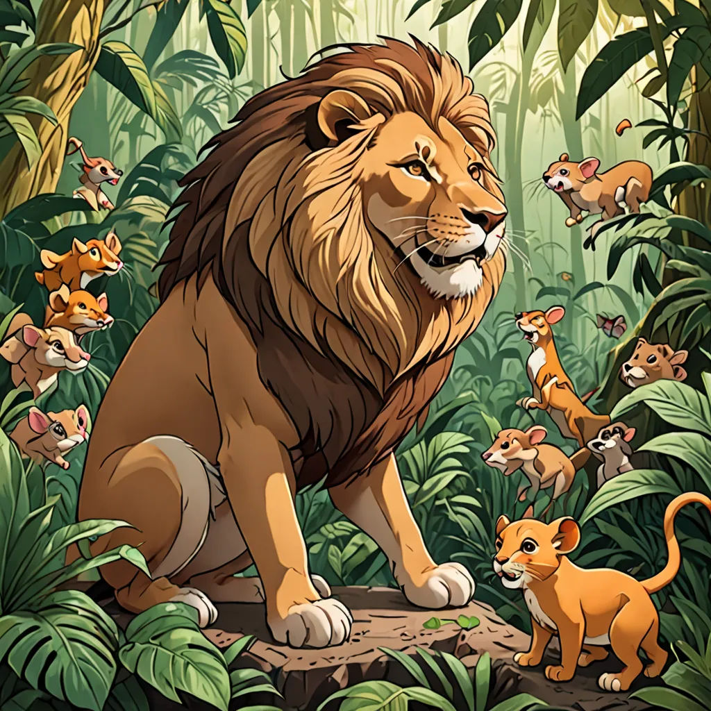 a lion and many other animals in a jungle setting with trees and plants around it, including a baby lion, sots art, a storybook illustration, Chris LaBrooy, official art