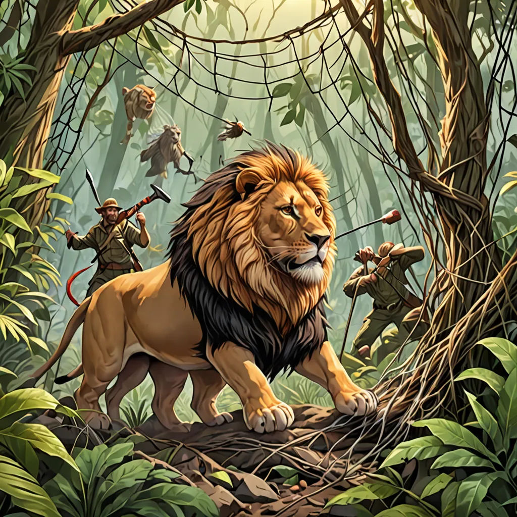 a lion in the jungle with a group of people in the background and a jungle scene with a man on a horse, sots art, a storybook illustration, Chris LaBrooy, official art