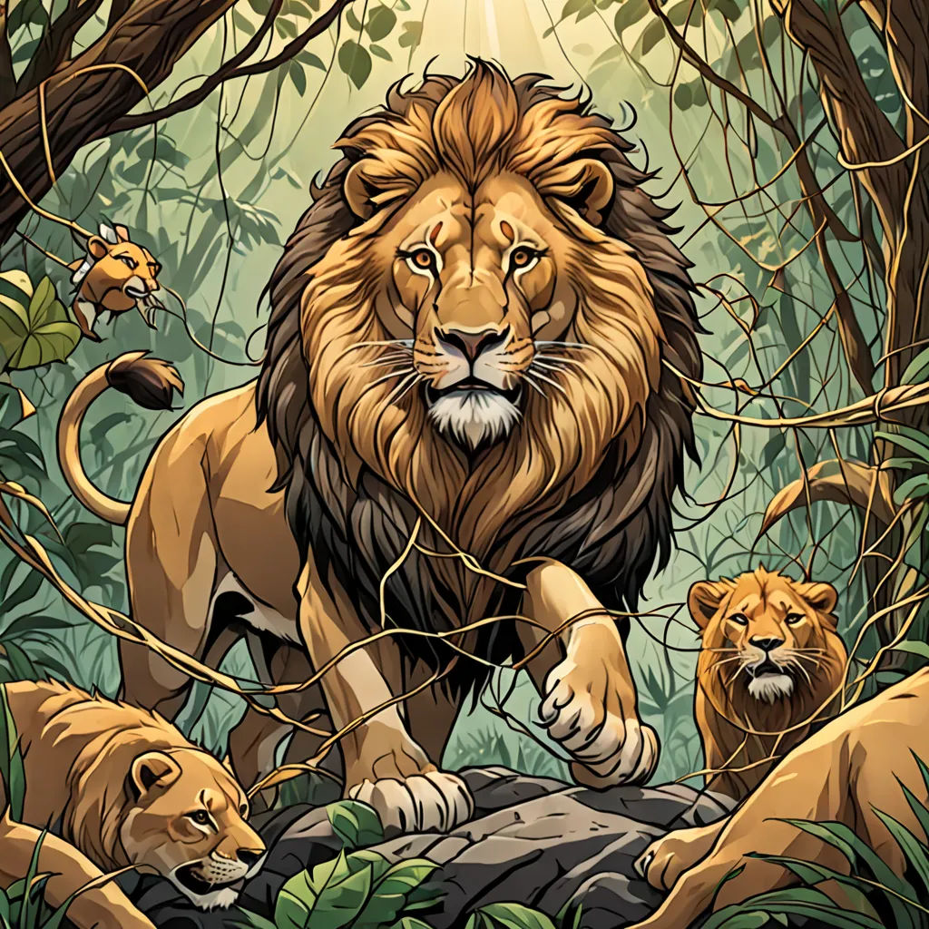 a lion and two lions in a jungle with trees and leaves on the ground and a sun shining through the trees, fantasy art, a storybook illustration, Dan Mumford, jungle