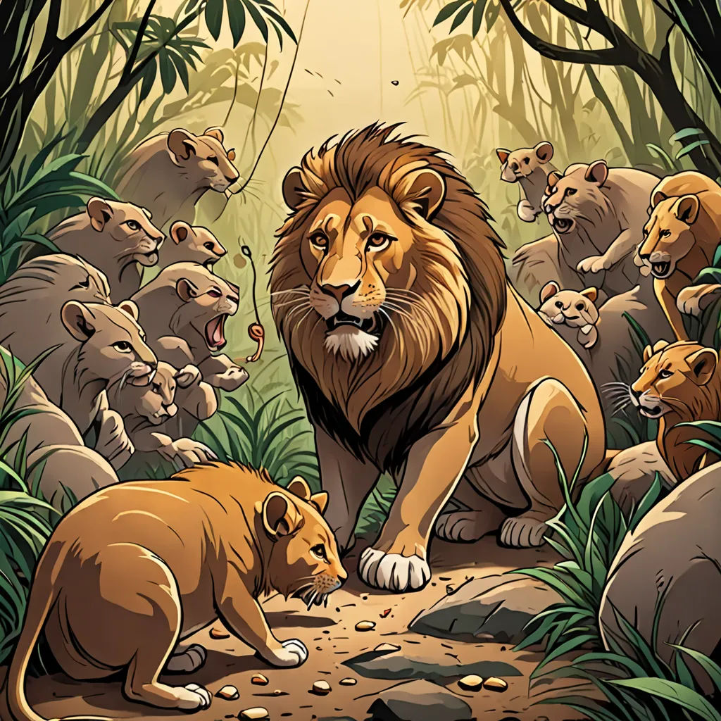 a lion and a lion cub in a jungle with other lions in the background and a sunbeam in the background, furry art, a storybook illustration, Chris LaBrooy, comic cover art