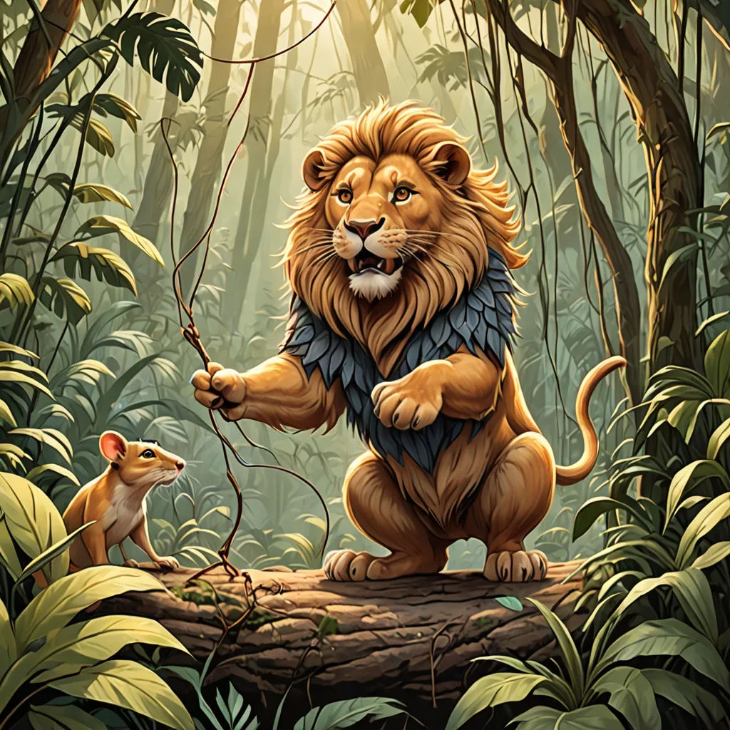 a lion and a mouse in a jungle with trees and plants and sunlight shining through the trees and leaves, fantasy art, a storybook illustration, Chris LaBrooy, official art