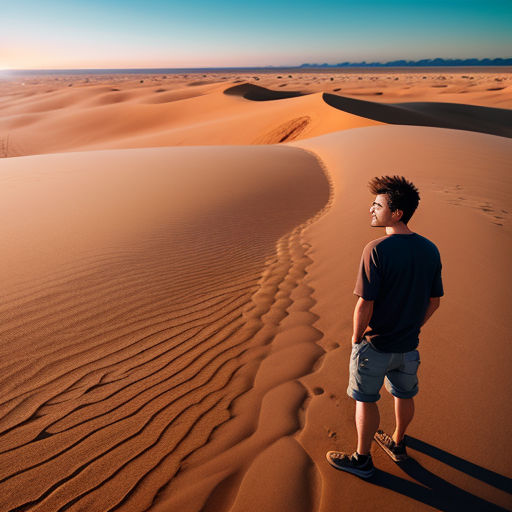 a man standing in the middle of a desert with a sky background and a line of sand dunes in the foreground