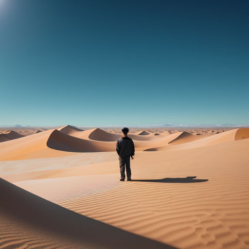 a man standing in the middle of a desert with a bright sun in the background and a blue sky