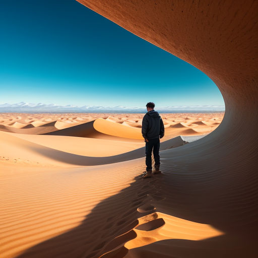 a man standing in the middle of a desert with sand dunes in the background and a blue sky above