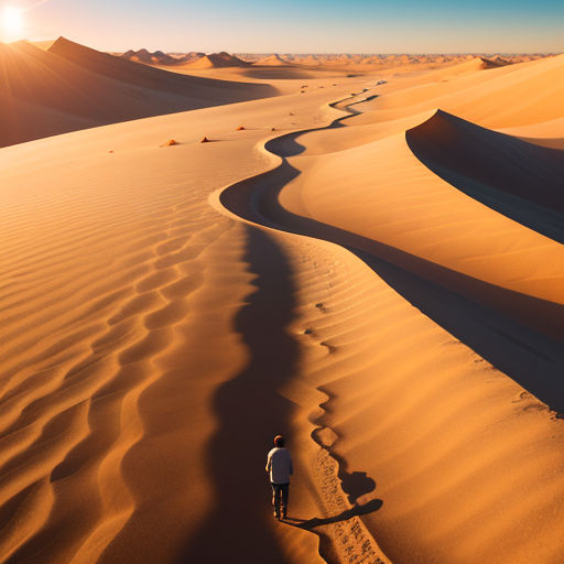 a person walking across a desert with a sun in the background and sand dunes in the foreground,