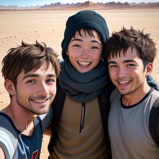 three people standing in the desert smiling for a picture together, with a desert background in the background, and a mountain in the distance