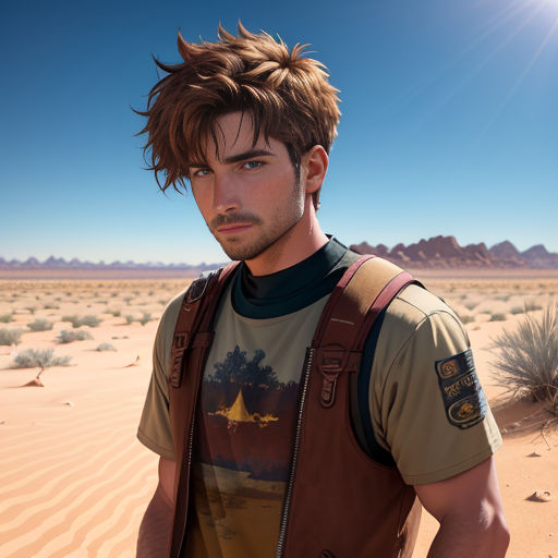 a man with a backpack standing in the desert with a desert landscape in the background and a bright sun shining on him