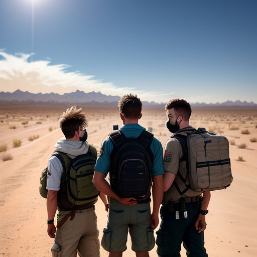 three men with backpacks standing in the desert looking at the sun and mountains in the distance, with a blue sky