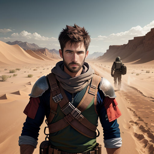 a man in a desert with a desert background and a man in a desert outfit walking in the desert