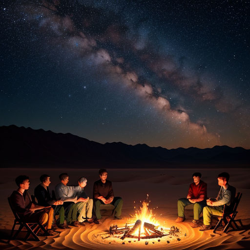 a group of people sitting around a campfire under a night sky filled with stars and a milky filled sky