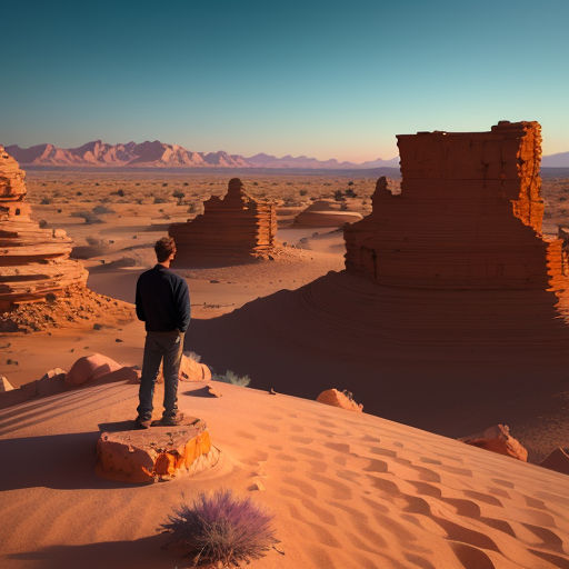 a man standing on a rock in the desert with a desert landscape in the background and a blue sky