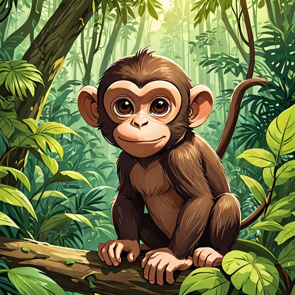 a monkey sitting on a tree branch in the jungle with leaves and plants around it, looking at the camera, primitivism, a character portrait, Alex Petruk APe, jungle
