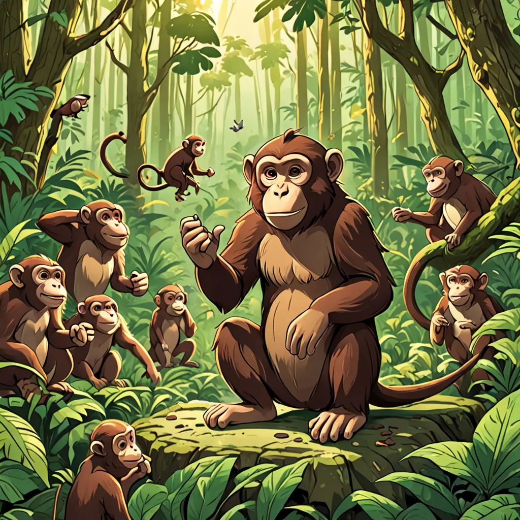 a group of monkeys in a jungle with a baby monkey in the foreground and a third monkey in the background, primitivism, an illustration of, Alex Petruk APe, official art