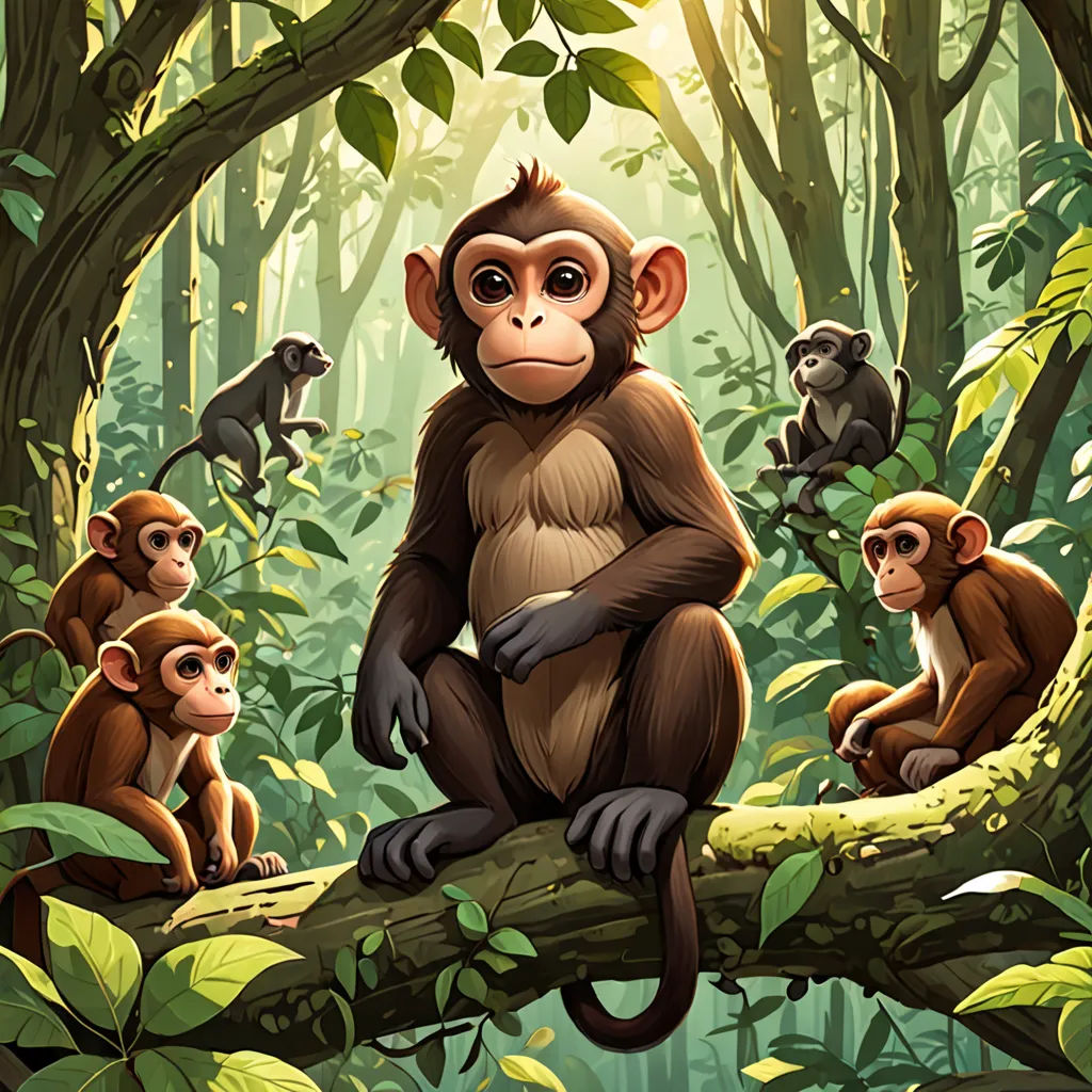 a group of monkeys sitting on a tree branch in a jungle with green leaves and a sun shining through the trees, primitivism, a storybook illustration, Diego Gisbert Llorens, official art