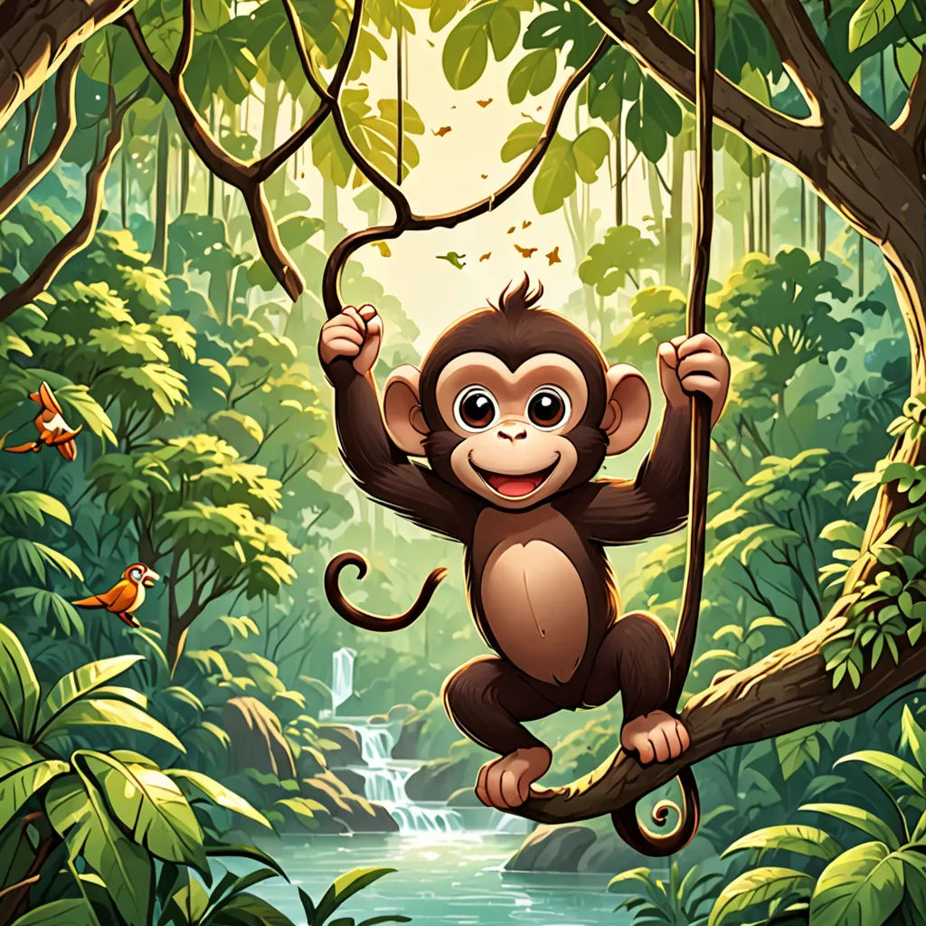a monkey hanging on a tree branch in a jungle with a waterfall and birds in the background, with a waterfall in the foreground, primitivism, a storybook illustration, Chris LaBrooy, jungle