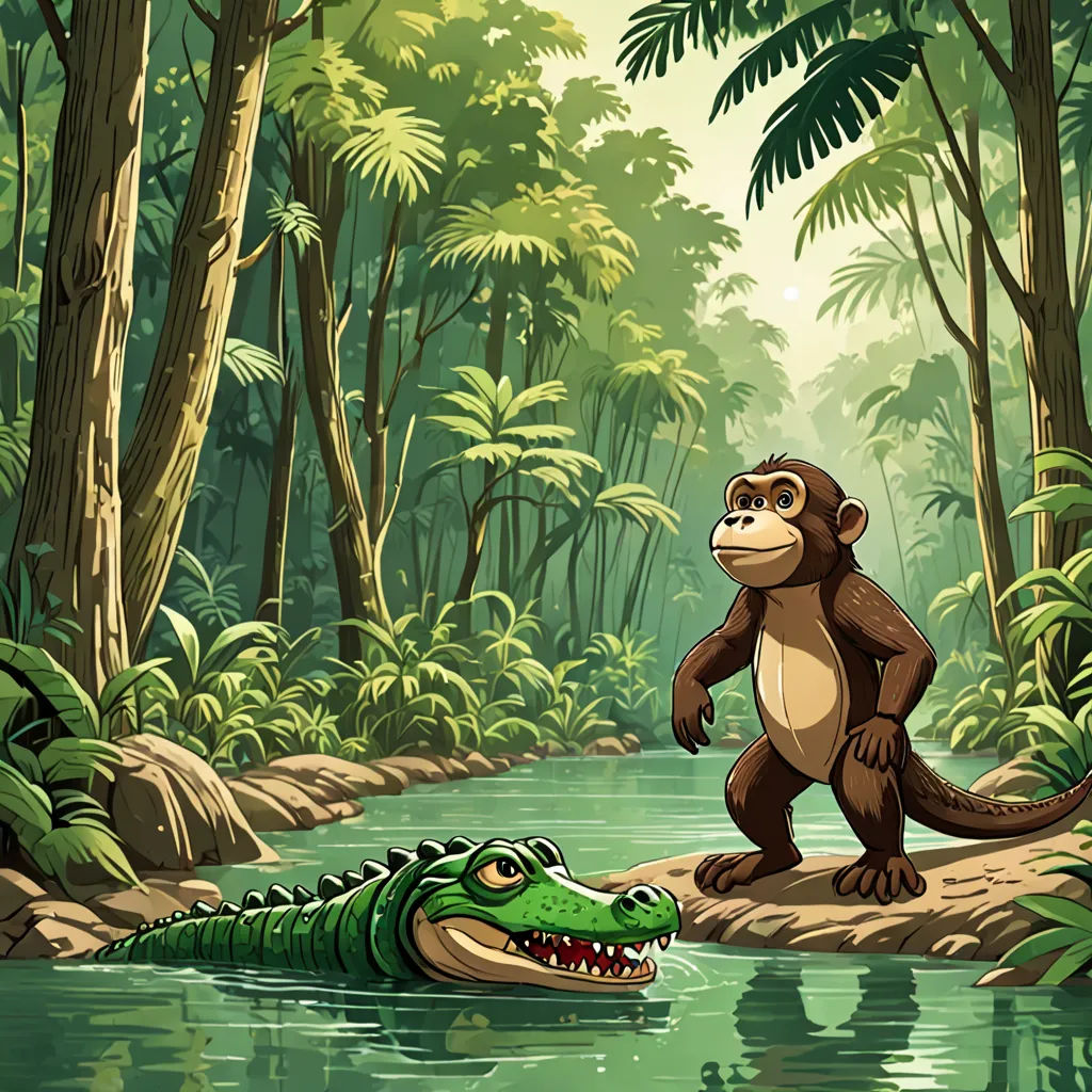 a monkey and a crocodile in a jungle setting with a river and trees in the background, and a jungle scene with a river and trees, primitivism, a storybook illustration, Chris LaBrooy, storybook illustration