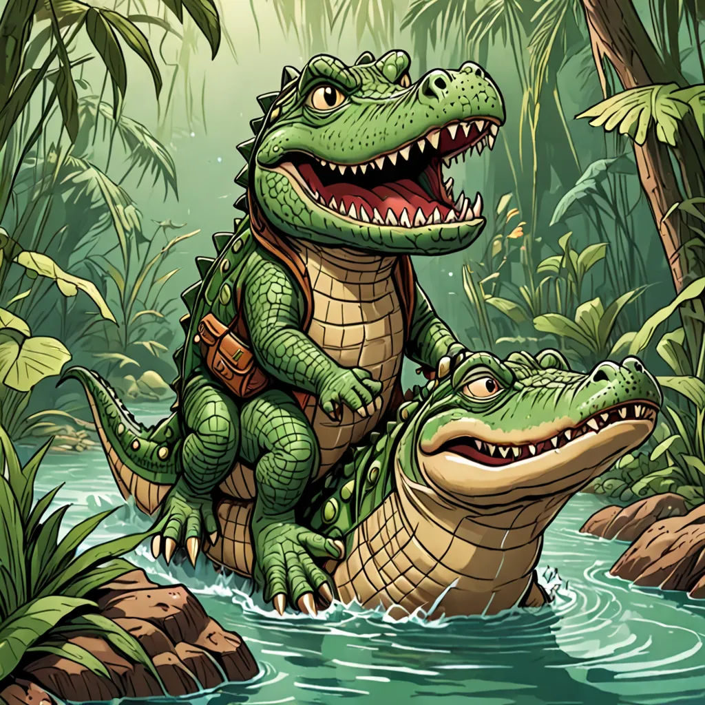 a cartoon alligator and a crocodile in a jungle setting with a river and palm trees in the background, with a crocodile in the foreground, fantasy art, a storybook illustration, Adam Rex, storybook illustration