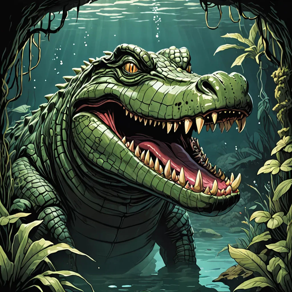 a large alligator with its mouth open in the water with plants around it and a sunbeam above it, altermodern, a storybook illustration, Adam Rex, magic the gathering artwork