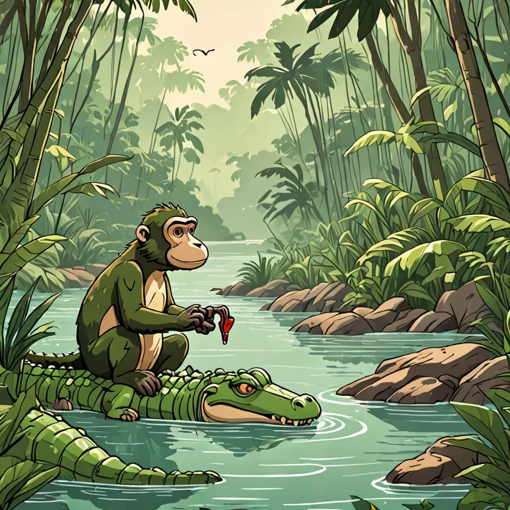a monkey sitting on a crocodile in a jungle with a fish in its mouth and a crocodile in the water, naturalism, a storybook illustration, Diego Gisbert Llorens, storybook illustration