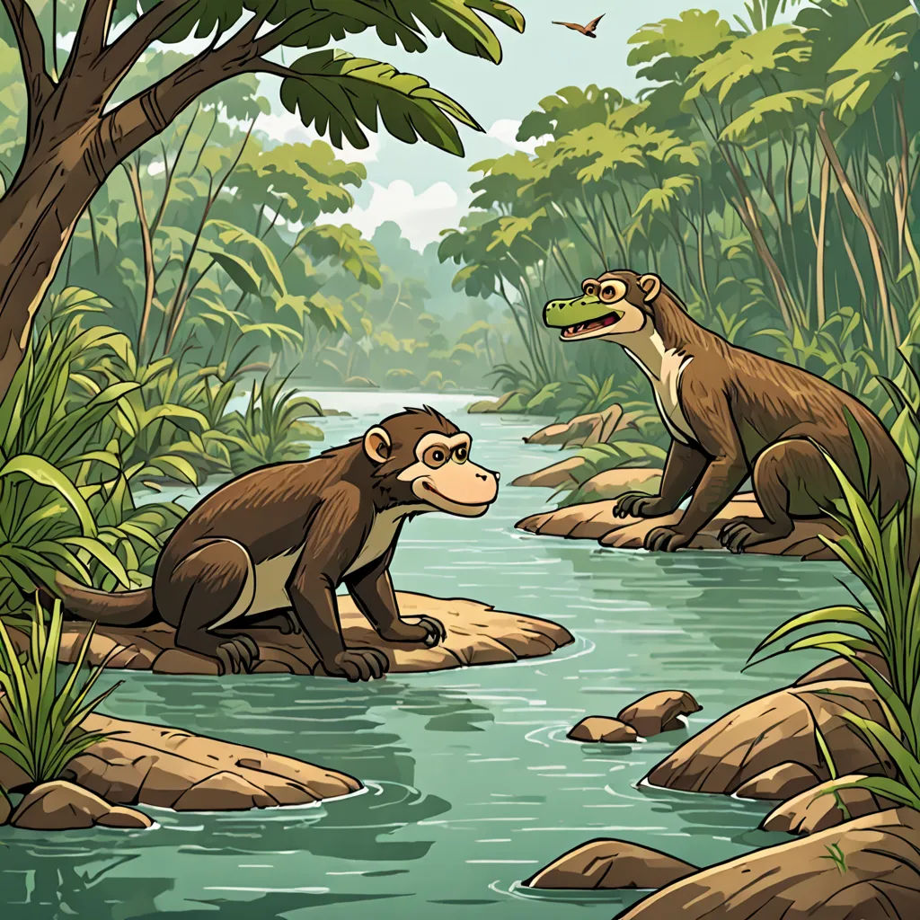 a cartoon of a monkey and a crocodile in a jungle setting with a river running through it and a bird flying over the river, sumatraism, an illustration of, Chris LaBrooy, 2 d game art