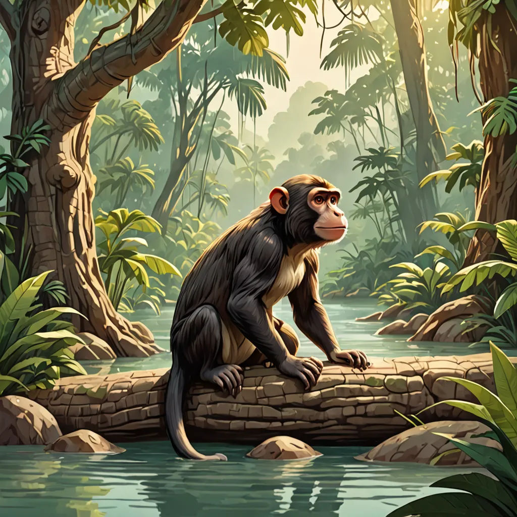 a monkey sitting on a rock in a jungle setting with a river running through it and trees and rocks surrounding it, primitivism, a storybook illustration, Chris LaBrooy, highly detailed digital painting