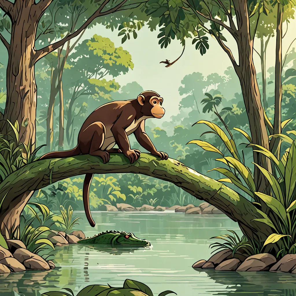 a monkey sitting on a tree branch over a river in a jungle with a crocodile in the water and a bird flying above, sumatraism, a storybook illustration, Chris LaBrooy, jungle