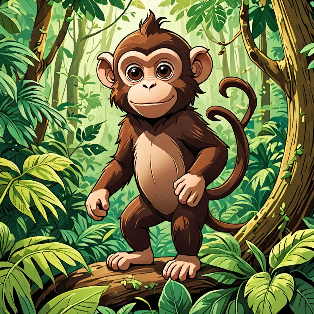 a monkey standing on a log in a jungle with trees and plants around it, with a background of green foliage, sumatraism, a character portrait, Alex Petruk APe, jungle