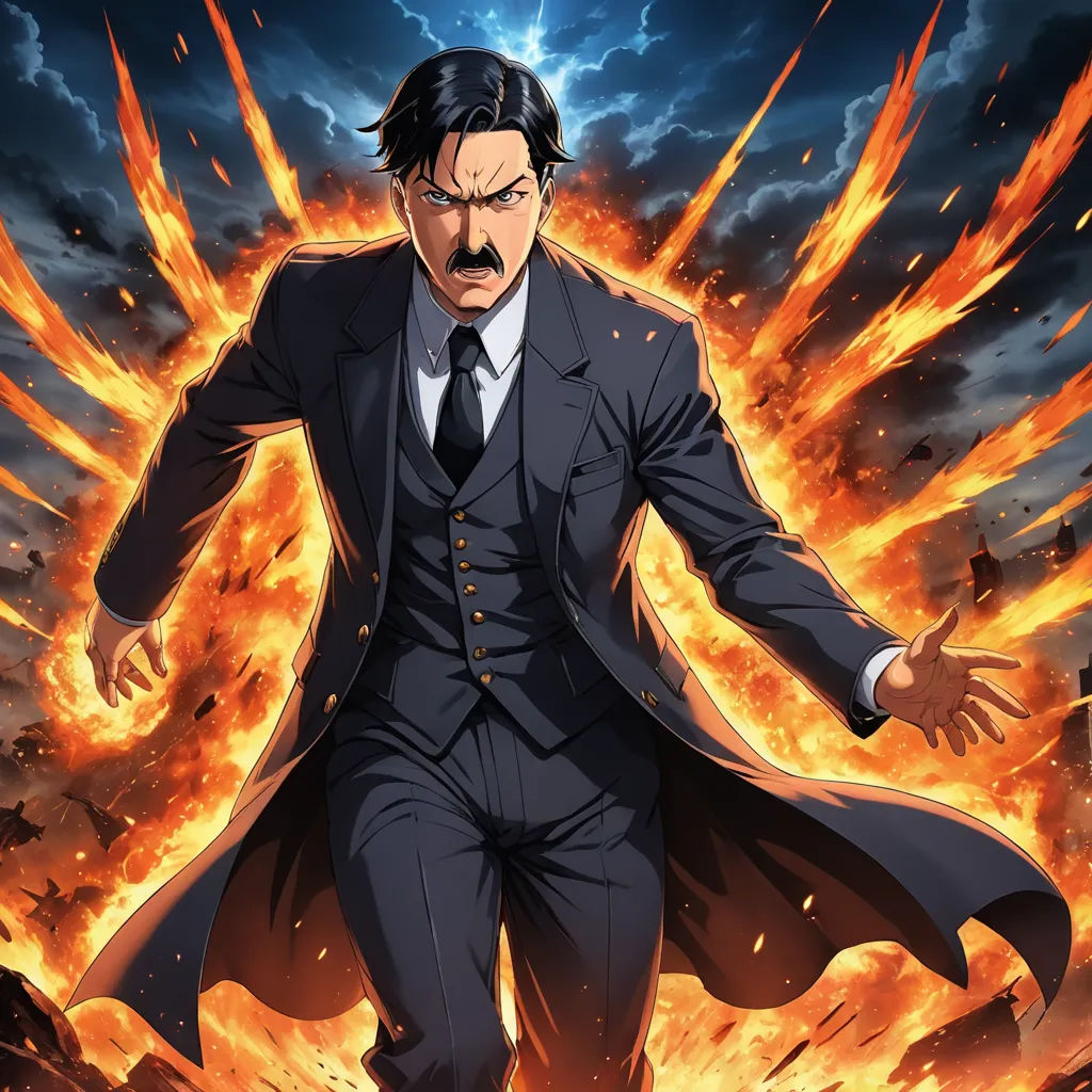 a man in a suit and tie standing in front of a fire filled sky with flames and a huge demon, rayonism, a character portrait, Eizan Kikukawa, official art