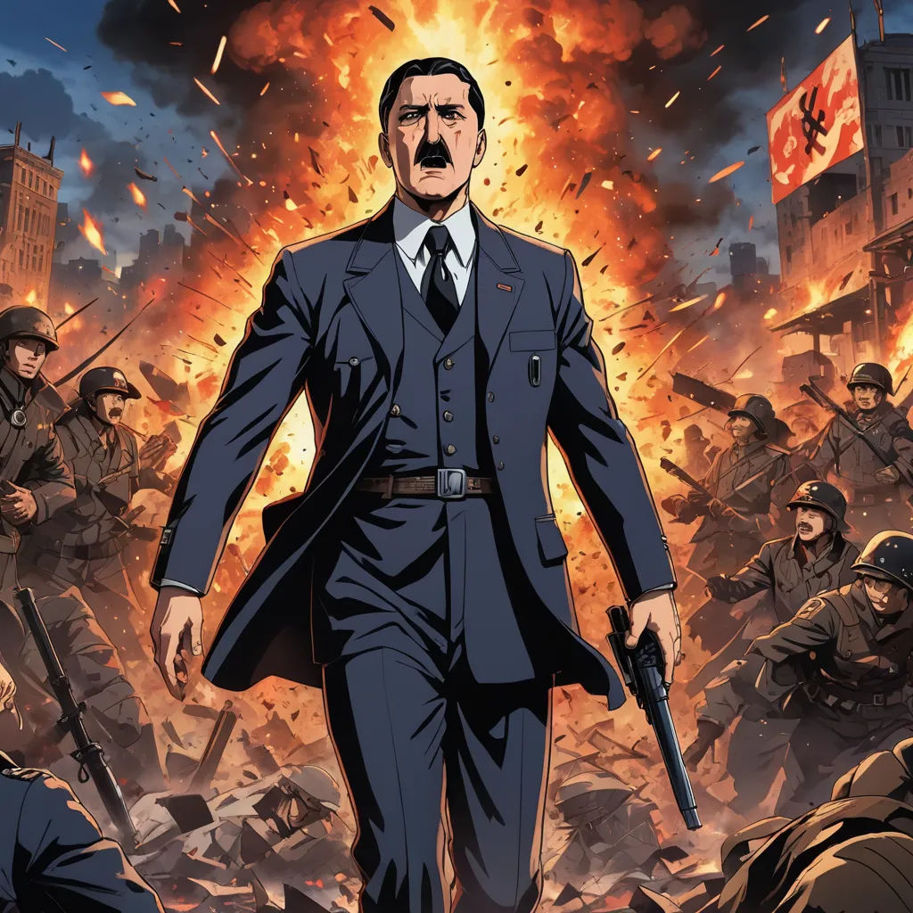 a man in a suit and tie walking through a crowd of people with guns in his hand and a fire in the background, sots art, a comic book panel, Adolf Born, official art