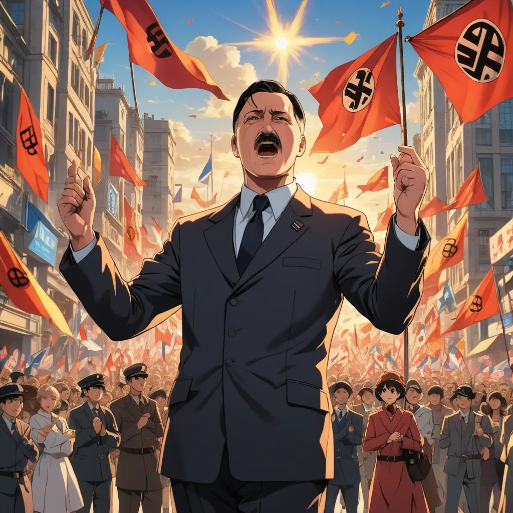 a man in a suit and tie holding flags in front of a crowd of people with buildings in the background, sots art, concept art, Adolf Born, official art