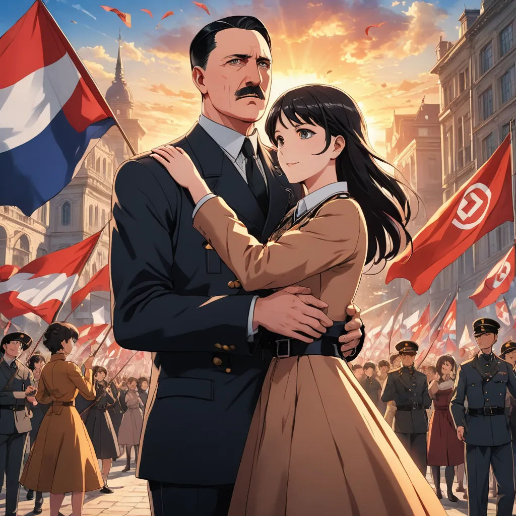 a man and woman hugging in front of a crowd of people with flags in the background of a city, neo-romanticism, poster art, Bourgeois, official art