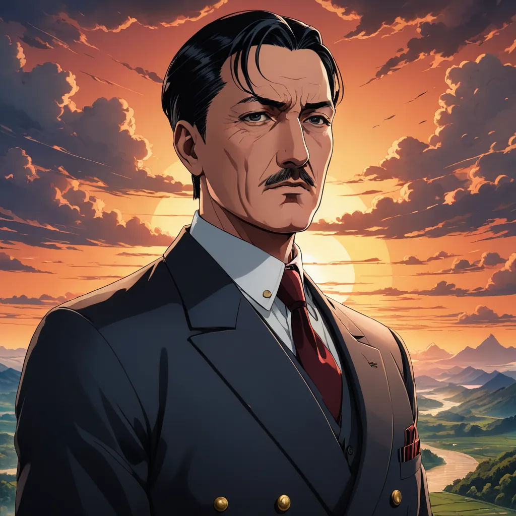 a man in a suit and tie standing in front of a sunset with clouds and mountains in the background, sots art, a character portrait, Eizan Kikukawa, official art