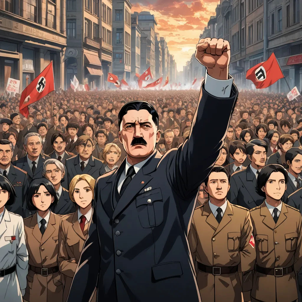 a man in a suit and tie is raising his fist in front of a crowd of people in uniform, sots art, concept art, Adolf Born, official art
