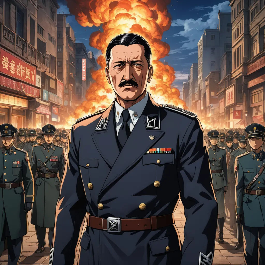 a man in a military uniform standing in front of a group of soldiers in a city street with a fire coming from the sky, sots art, a character portrait, Eizan Kikukawa, official art