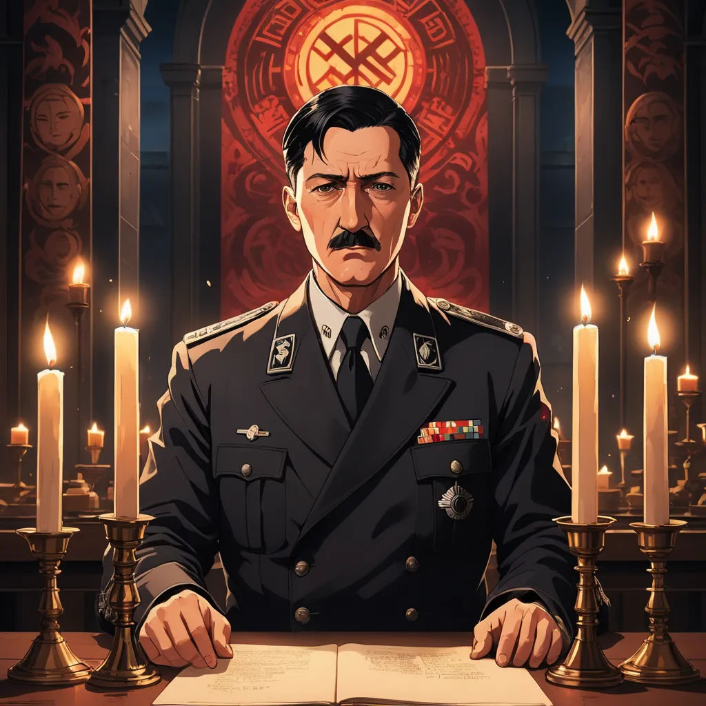 a man in uniform sitting at a table with a book and candles in front of him and a red background, sots art, a character portrait, Adolf Wölfli, official art