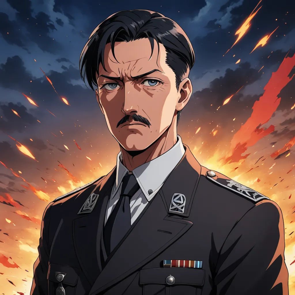 a man in a military uniform with a mustache and a mustache on his head, in front of a blazing sky, sots art, a character portrait, Eizan Kikukawa, official art