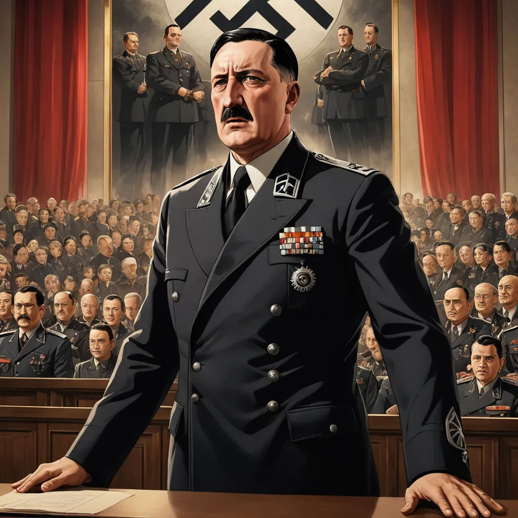 a painting of a man in a military uniform standing in front of a crowd of people in a courtroom, sots art, a detailed painting, Adolf Born, game art