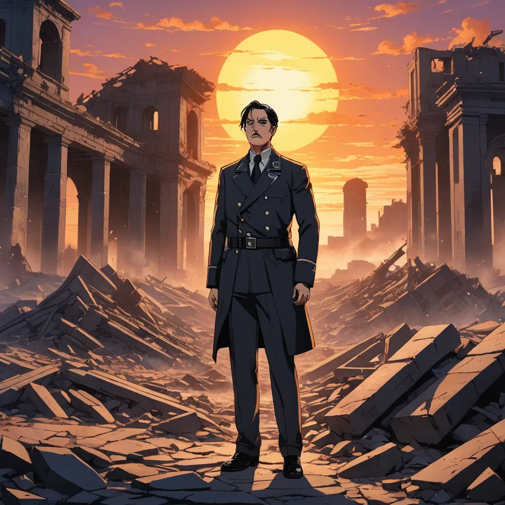 a man in a military uniform standing in front of a destroyed building with the sun in the background and a building with columns, serial art, poster art, Eizan Kikukawa, official art