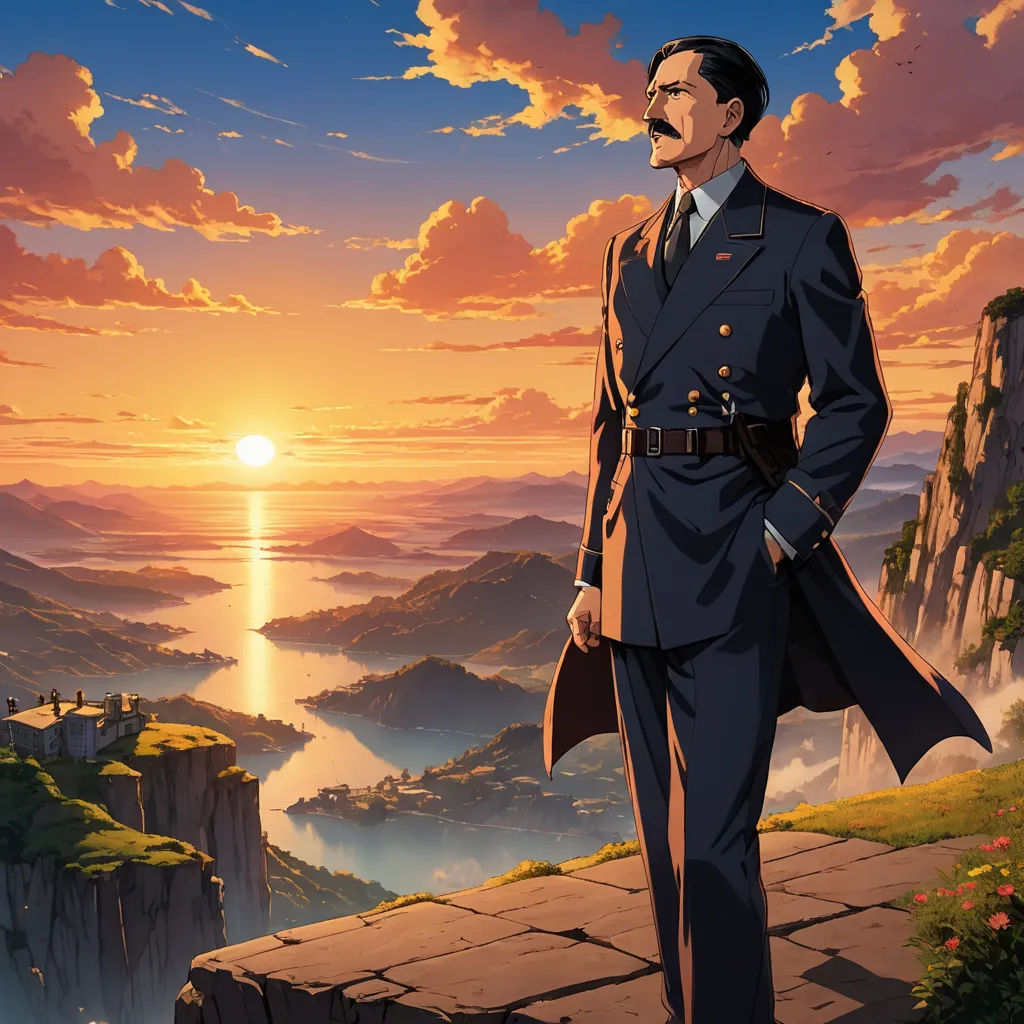 a man in a suit standing on a cliff overlooking a sunset with a mountain in the background and a body of water in the foreground, rayonism, poster art, André Lhote, official art