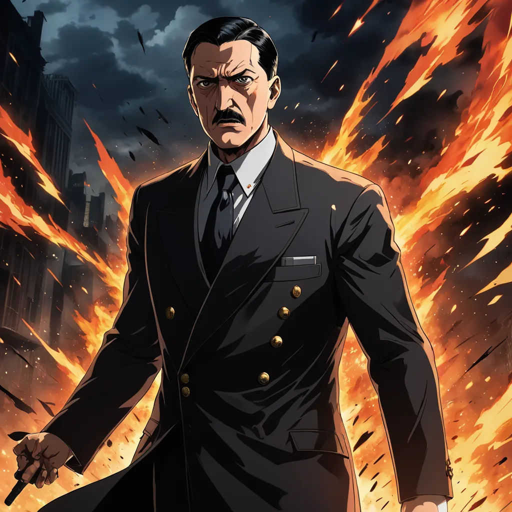 a man in a suit and tie holding a gun in front of a fire filled cityscape with buildings, sots art, a character portrait, Eizan Kikukawa, official art