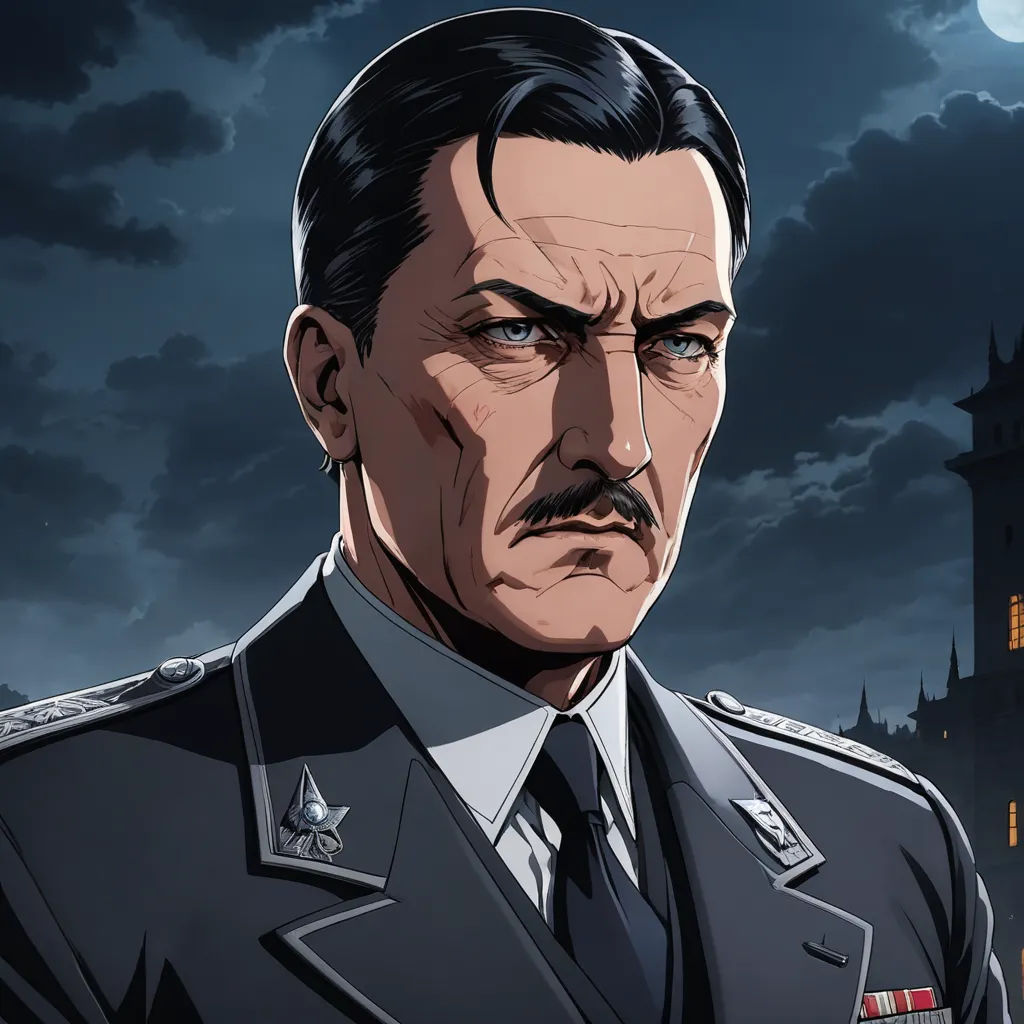 a man in a military uniform standing in front of a castle at night with a full moon in the background, sots art, a character portrait, Arnold Brügger, character portrait