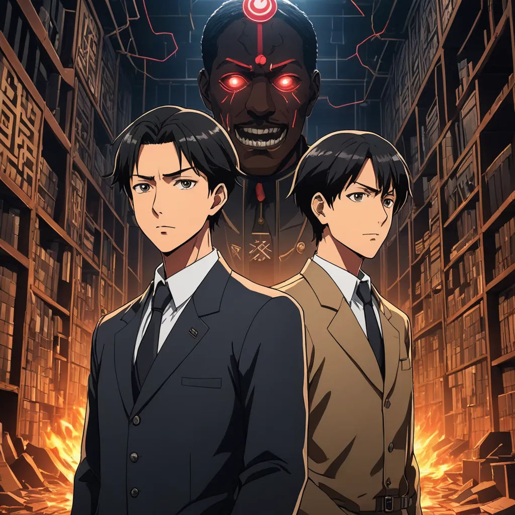 two anime characters standing in a dark alley with a demon in the background and a man in a suit, rayonism, a poster, Aya Goda, official art