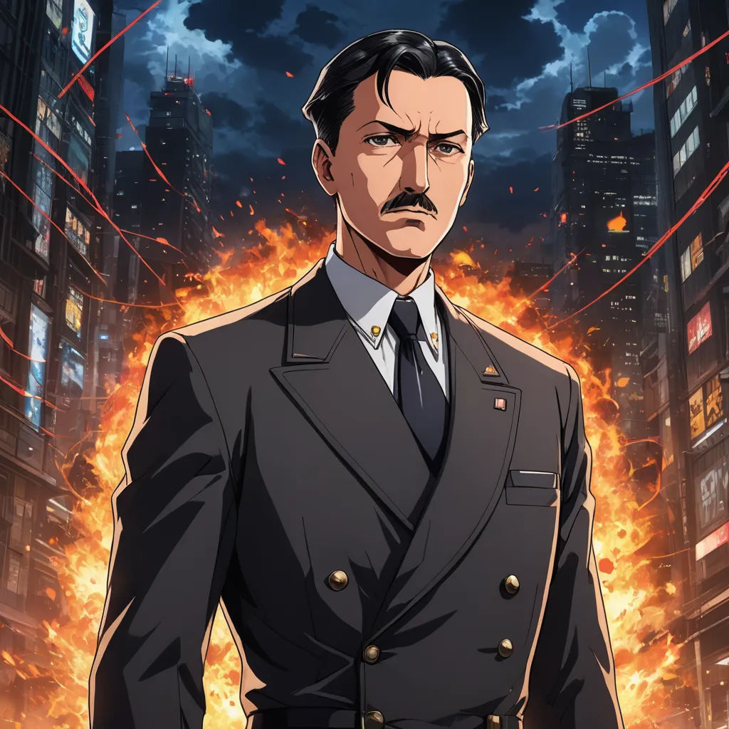 a man in a suit standing in front of a fire filled cityscape with buildings in the background, sots art, a character portrait, Eizan Kikukawa, official art