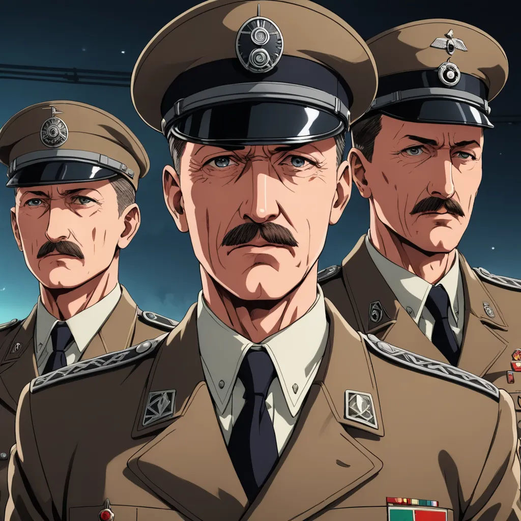 three men in uniforms standing next to each other in front of a sky background with a train on it, sots art, a character portrait, Adolf Wölfli, official art