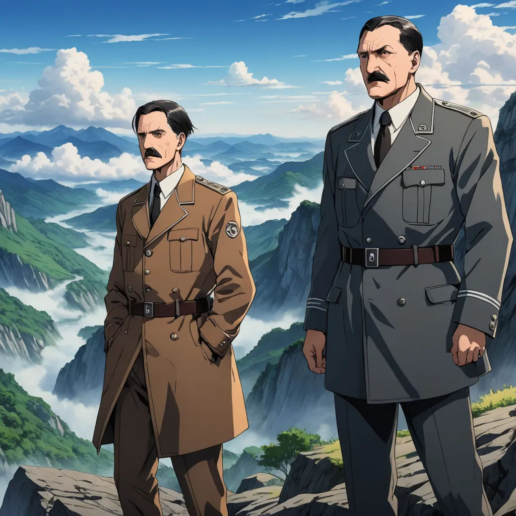 two men in uniforms standing on a mountain top with mountains in the background and clouds in the sky above, sots art, a detailed matte painting, Armin Hansen, official art