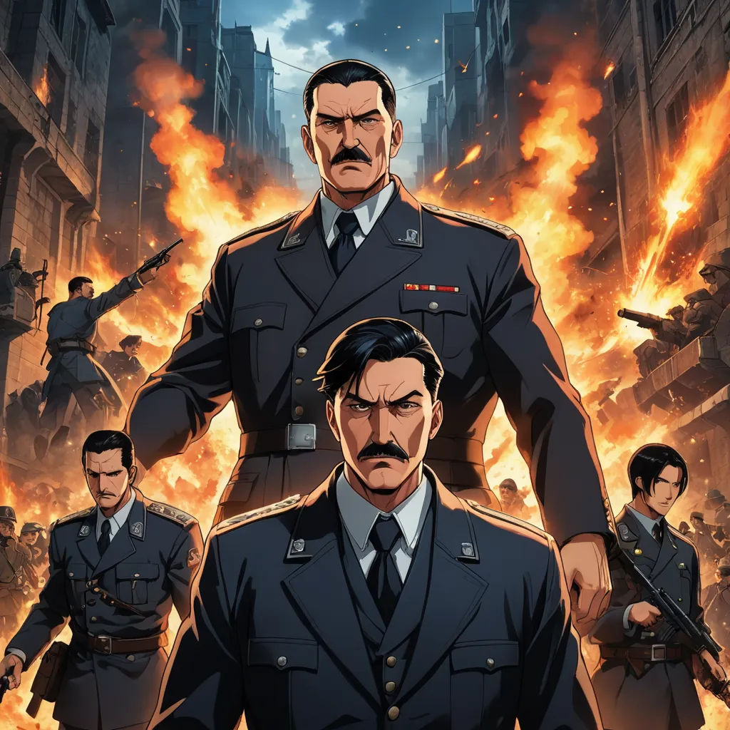 a poster of a man in a suit and tie standing in front of a fire filled city with men in uniform, sots art, poster art, Eizan Kikukawa, official art