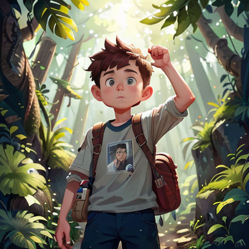 a boy with a backpack in the woods with a light shining through the trees behind him and a picture of a boy with a backpack on his shoulder