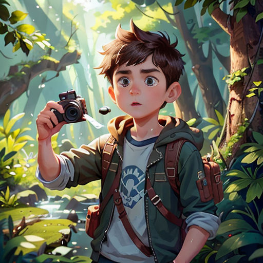 a boy holding a camera in a forest with a stream of water behind him and a forest with trees and plants