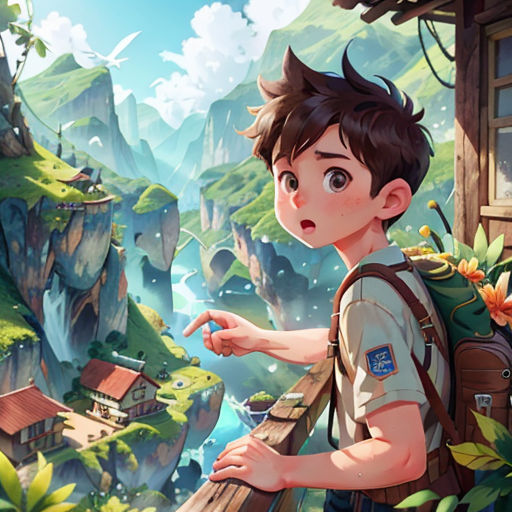 a boy with a backpack looking out a window at a mountain village and a river in the distance with a bird flying over him